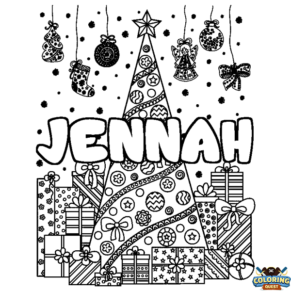 Coloring page first name JENNAH - Christmas tree and presents background