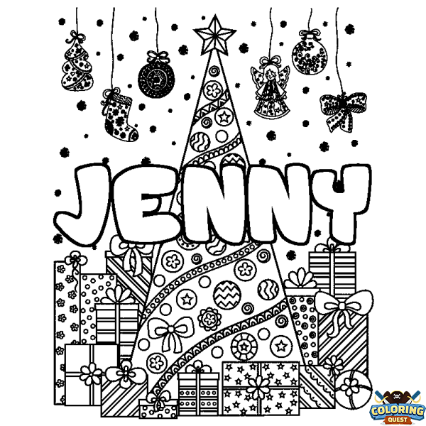 Coloring page first name JENNY - Christmas tree and presents background