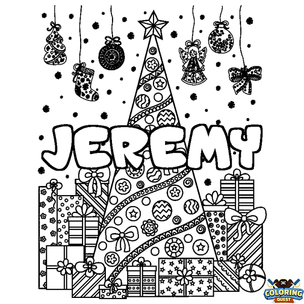 Coloring page first name JEREMY - Christmas tree and presents background