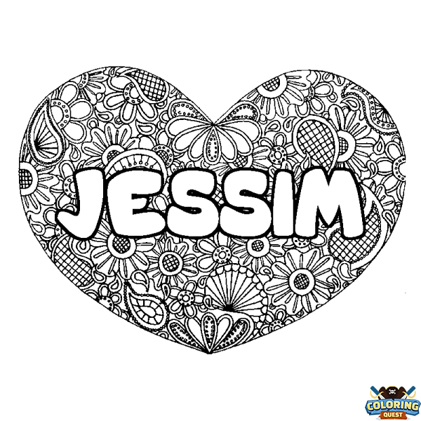 Coloring page first name JESSIM - Heart mandala background