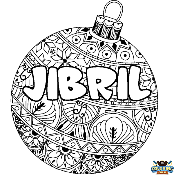 Coloring page first name JIBRIL - Christmas tree bulb background