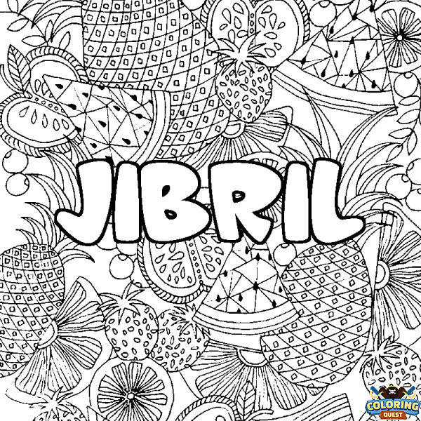 Coloring page first name JIBRIL - Fruits mandala background