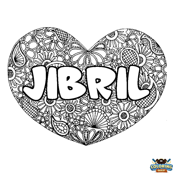 Coloring page first name JIBRIL - Heart mandala background