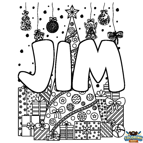 Coloring page first name JIM - Christmas tree and presents background