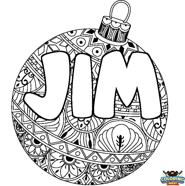 Coloring page first name JIM - Christmas tree bulb background