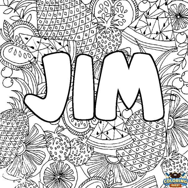 Coloring page first name JIM - Fruits mandala background