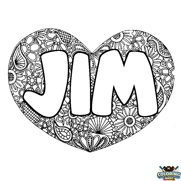 Coloring page first name JIM - Heart mandala background