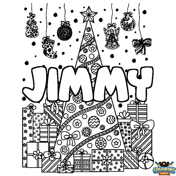 Coloring page first name JIMMY - Christmas tree and presents background