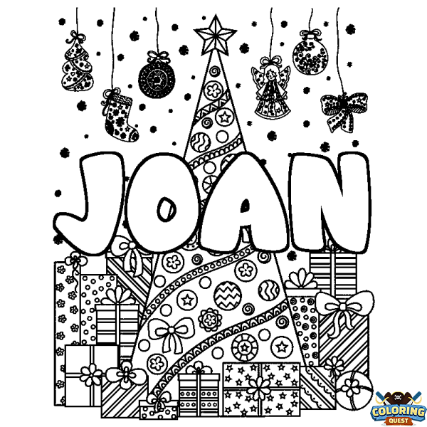 Coloring page first name JOAN - Christmas tree and presents background