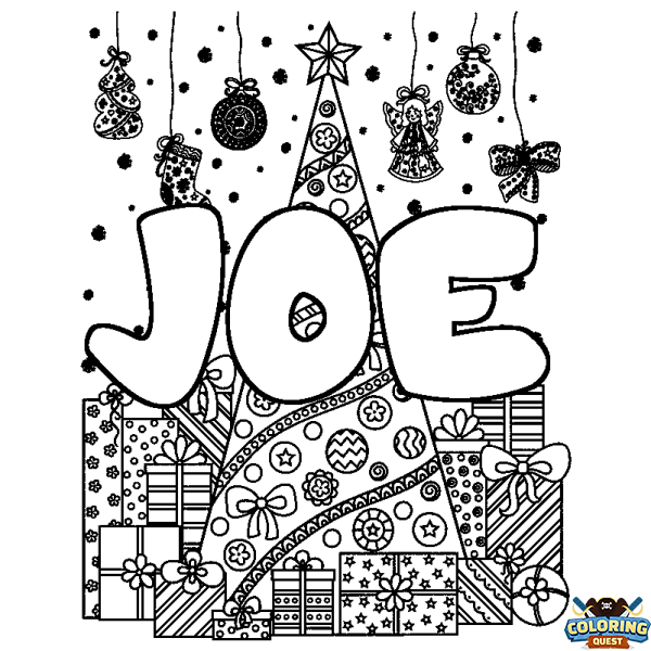 Coloring page first name JOE - Christmas tree and presents background