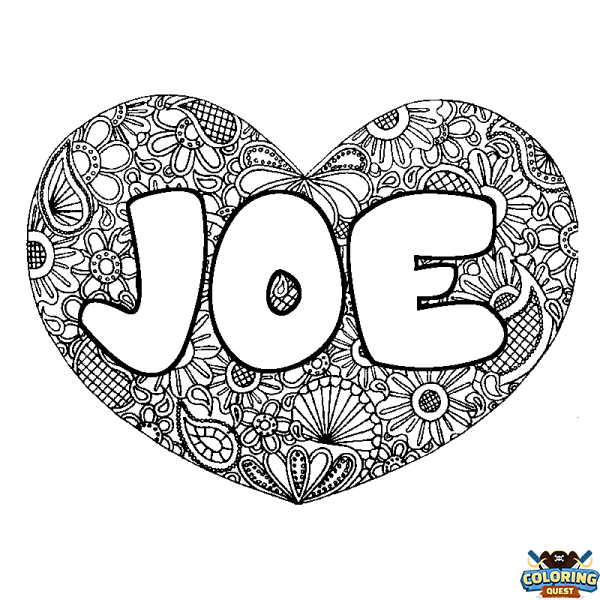 Coloring page first name JOE - Heart mandala background