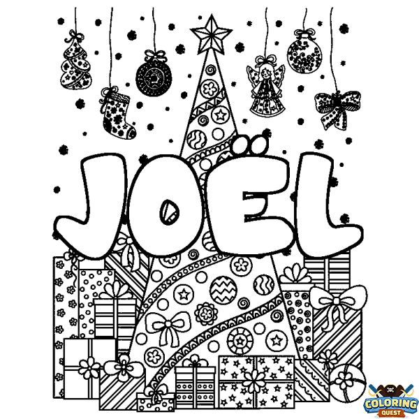 Coloring page first name JO&Euml;L - Christmas tree and presents background