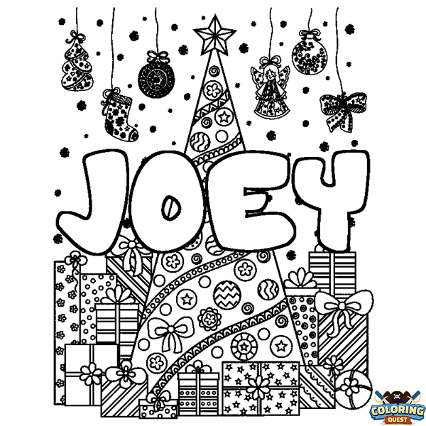 Coloring page first name JOEY - Christmas tree and presents background