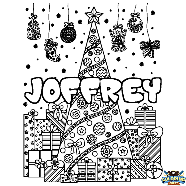 Coloring page first name JOFFREY - Christmas tree and presents background