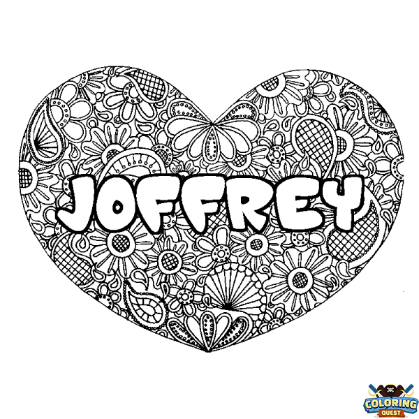 Coloring page first name JOFFREY - Heart mandala background