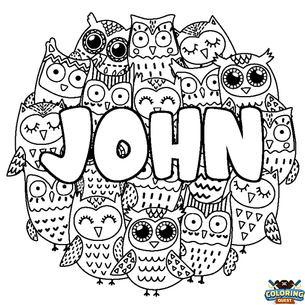 Coloring page first name JOHN - Owls background