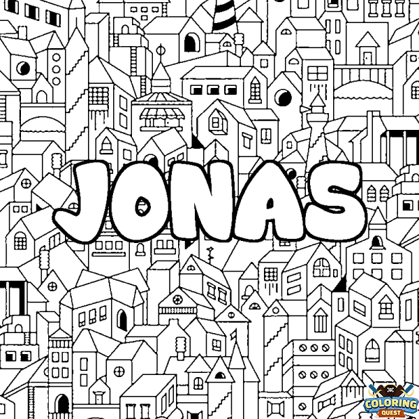 Coloring page first name JONAS - City background