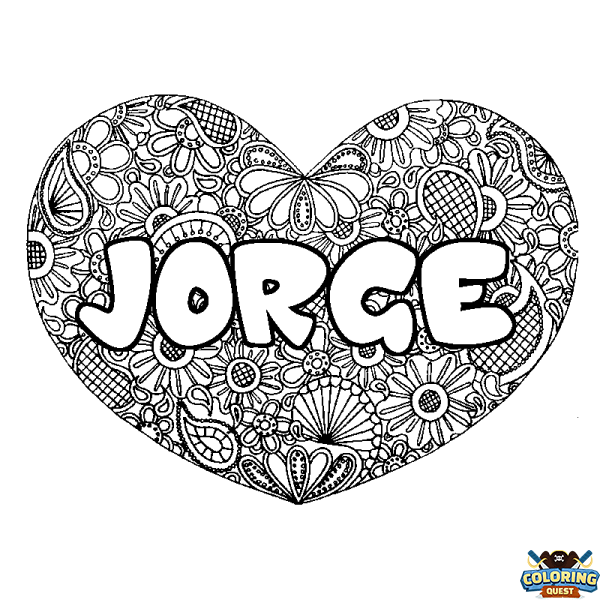 Coloring page first name JORGE - Heart mandala background