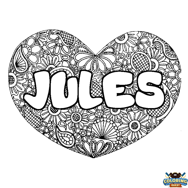 Coloring page first name JULES - Heart mandala background