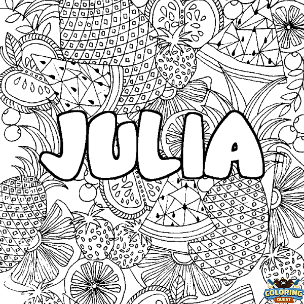 Coloring page first name JULIA - Fruits mandala background