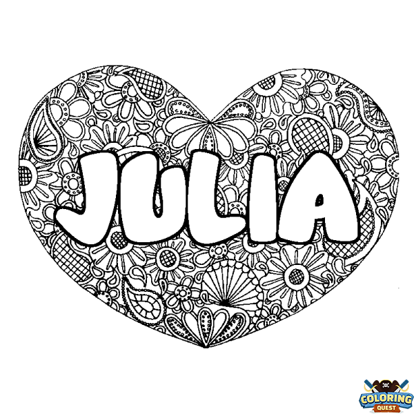 Coloring page first name JULIA - Heart mandala background