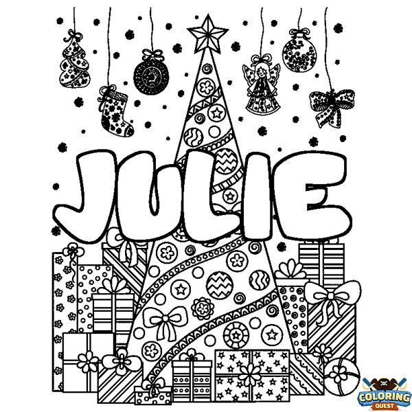 Coloring page first name JULIE - Christmas tree and presents background