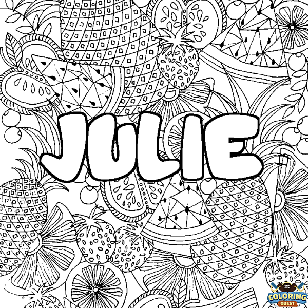 Coloring page first name JULIE - Fruits mandala background