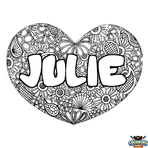 Coloring page first name JULIE - Heart mandala background