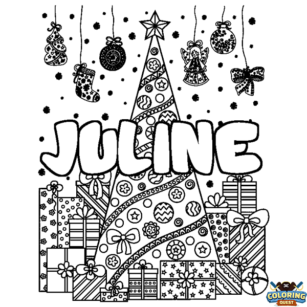 Coloring page first name JULINE - Christmas tree and presents background