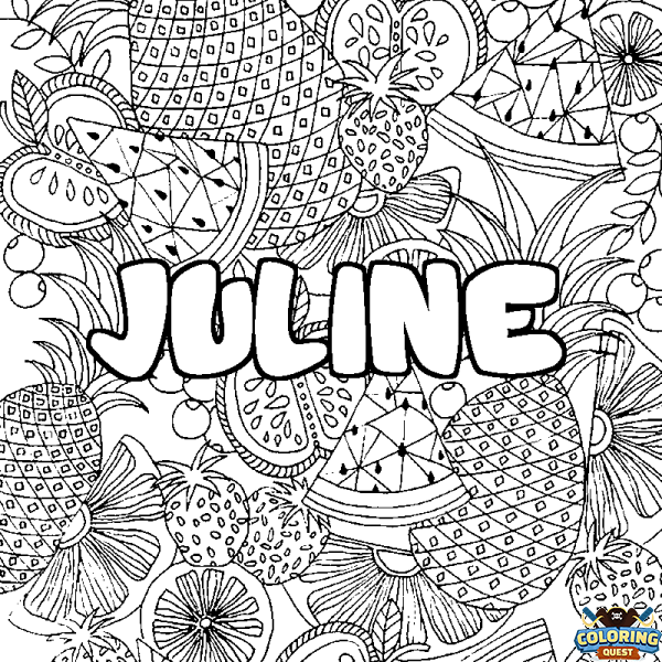 Coloring page first name JULINE - Fruits mandala background