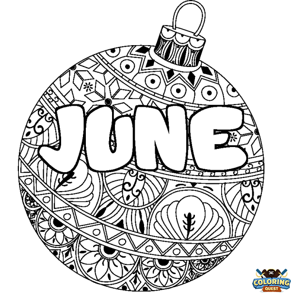 Coloring page first name JUNE - Christmas tree bulb background