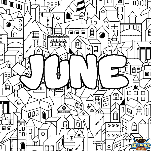 Coloring page first name JUNE - City background