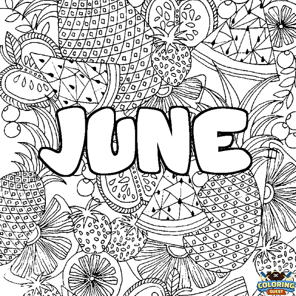 Coloring page first name JUNE - Fruits mandala background