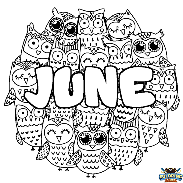 Coloring page first name JUNE - Owls background