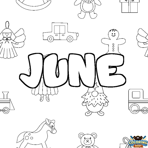 Coloring page first name JUNE - Toys background