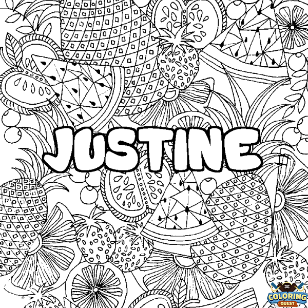 Coloring page first name JUSTINE - Fruits mandala background