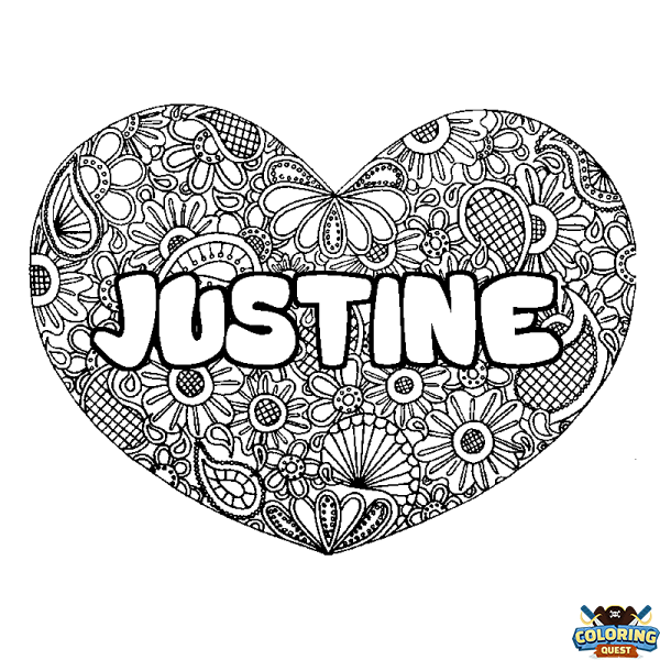 Coloring page first name JUSTINE - Heart mandala background