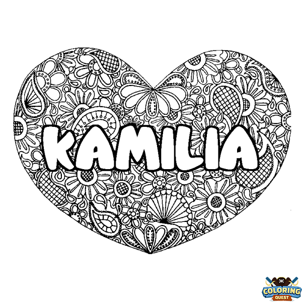 Coloring page first name KAMILIA - Heart mandala background