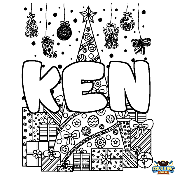 Coloring page first name KEN - Christmas tree and presents background