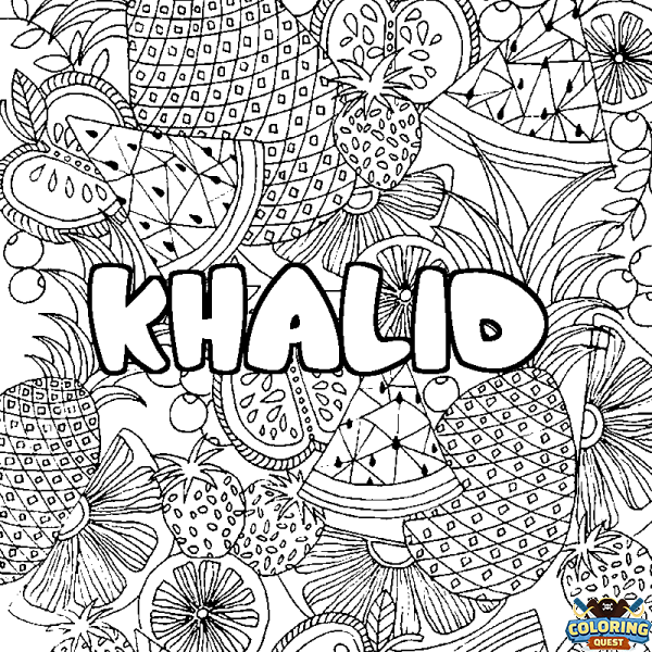 Coloring page first name KHALID - Fruits mandala background