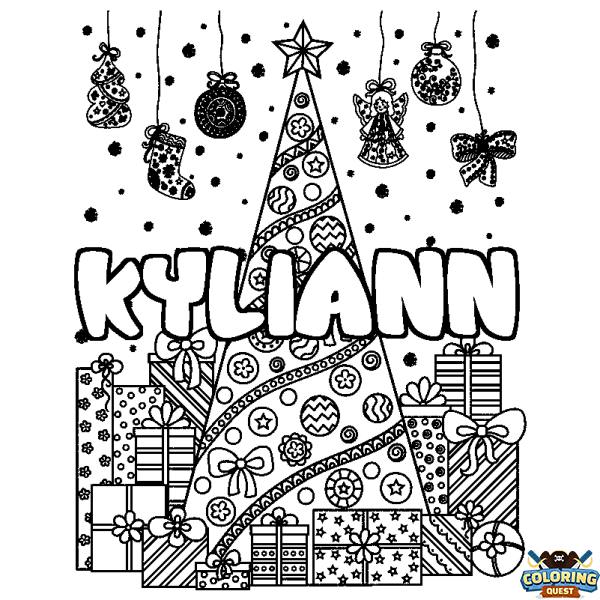 Coloring page first name KYLIANN - Christmas tree and presents background