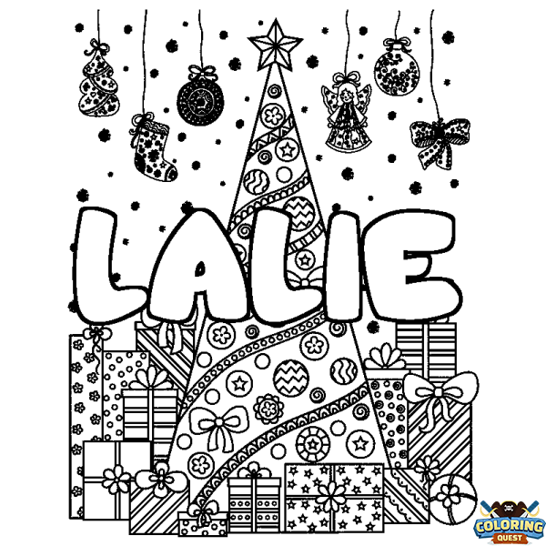 Coloring page first name LALIE - Christmas tree and presents background