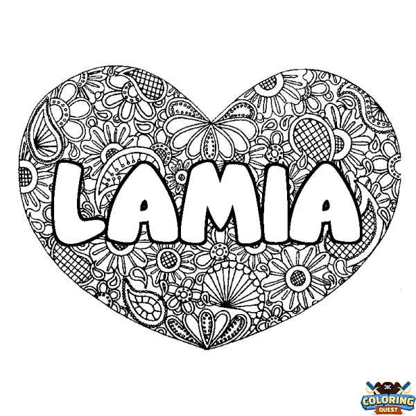 Coloring page first name LAMIA - Heart mandala background