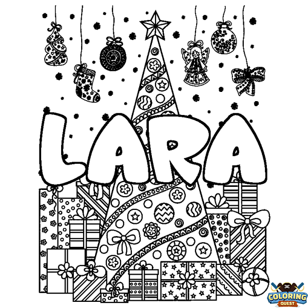 Coloring page first name LARA - Christmas tree and presents background