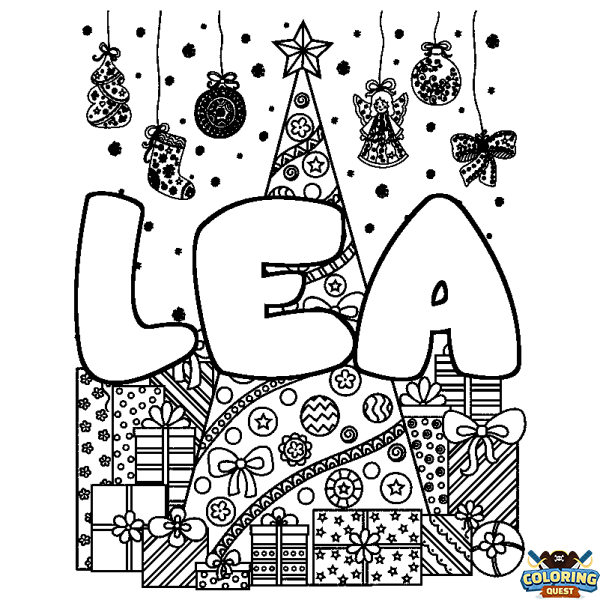 Coloring page first name LEA - Christmas tree and presents background