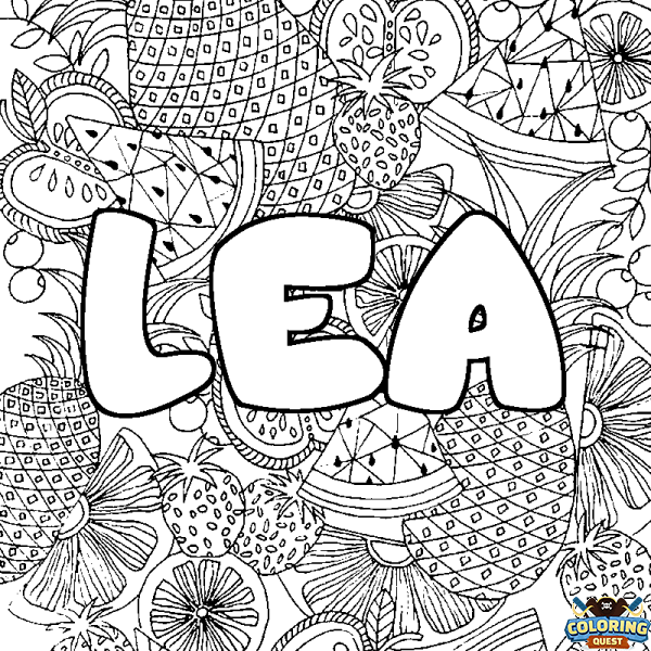 Coloring page first name LEA - Fruits mandala background