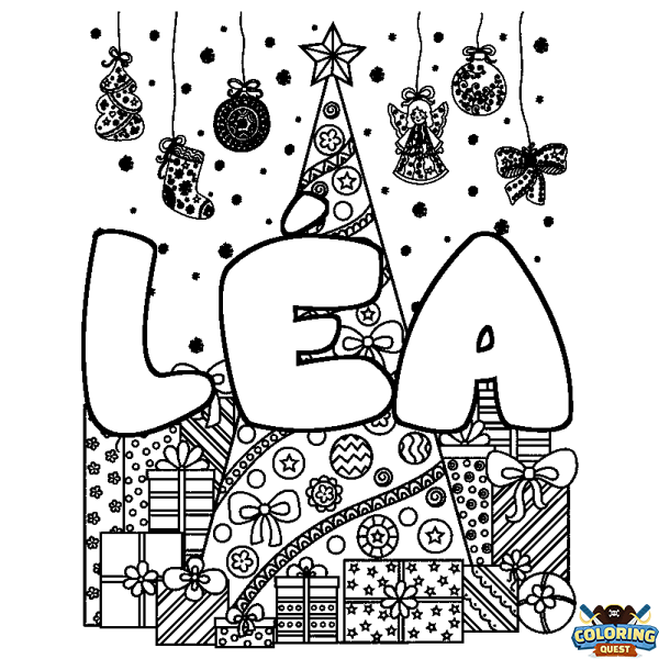 Coloring page first name L&Eacute;A - Christmas tree and presents background