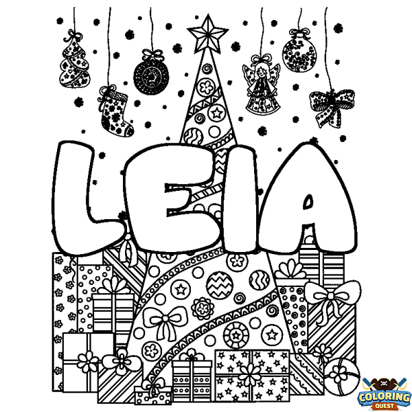 Coloring page first name LEIA - Christmas tree and presents background