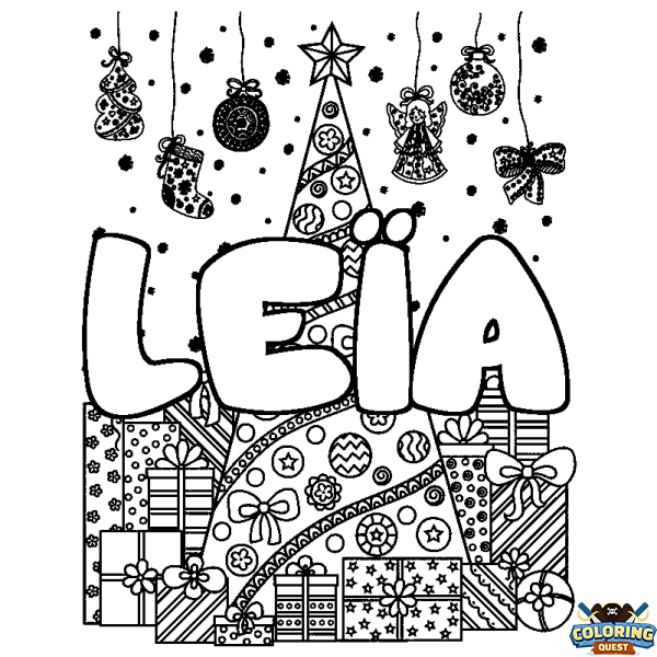 Coloring page first name LE&Iuml;A - Christmas tree and presents background