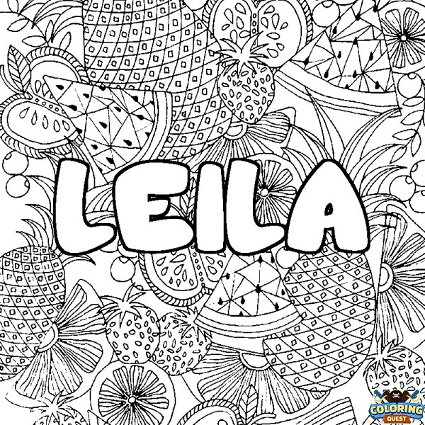 Coloring page first name LEILA - Fruits mandala background